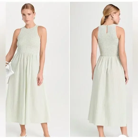madewell green stripe dress Madewell Stripe Smocked Waist Seersucker Midi Dress - Desert Olive